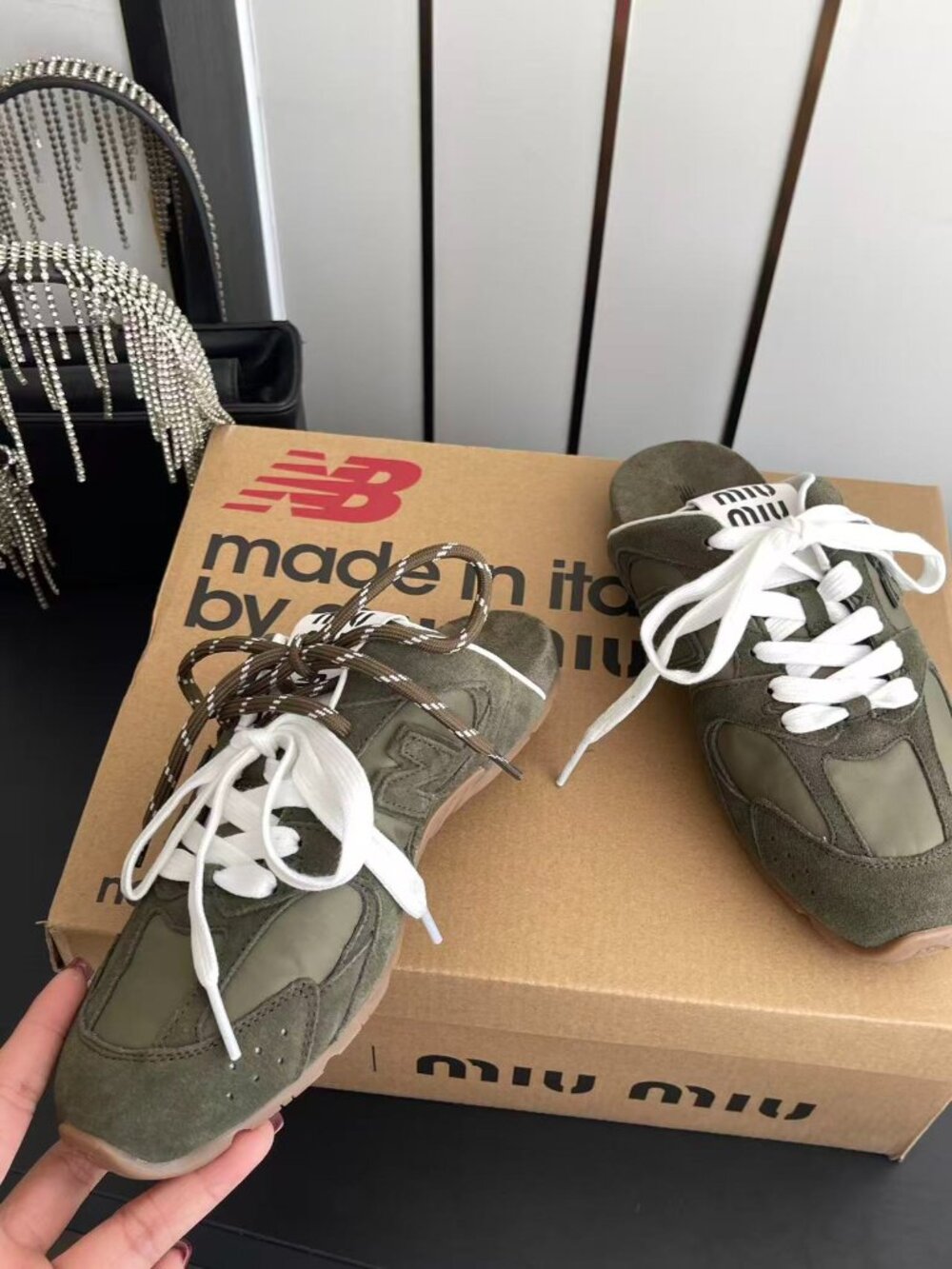 Miu Miu x New Balance Olive Green Suede Nylon Slip-On Mule Sneakers - Picture 3 of 7